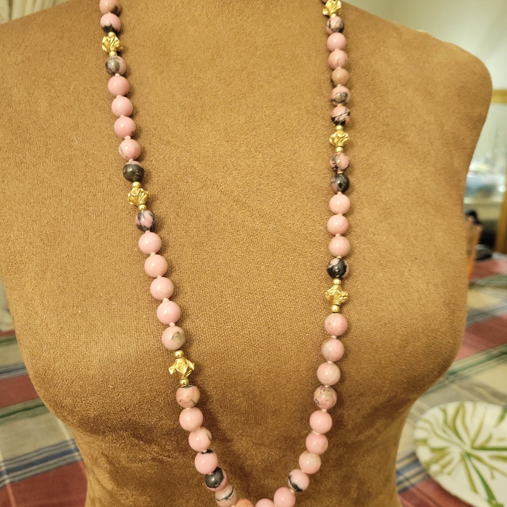 Vintage Pink Rhodonite Beaded Necklace Gold Spacers 28" Cottagecore